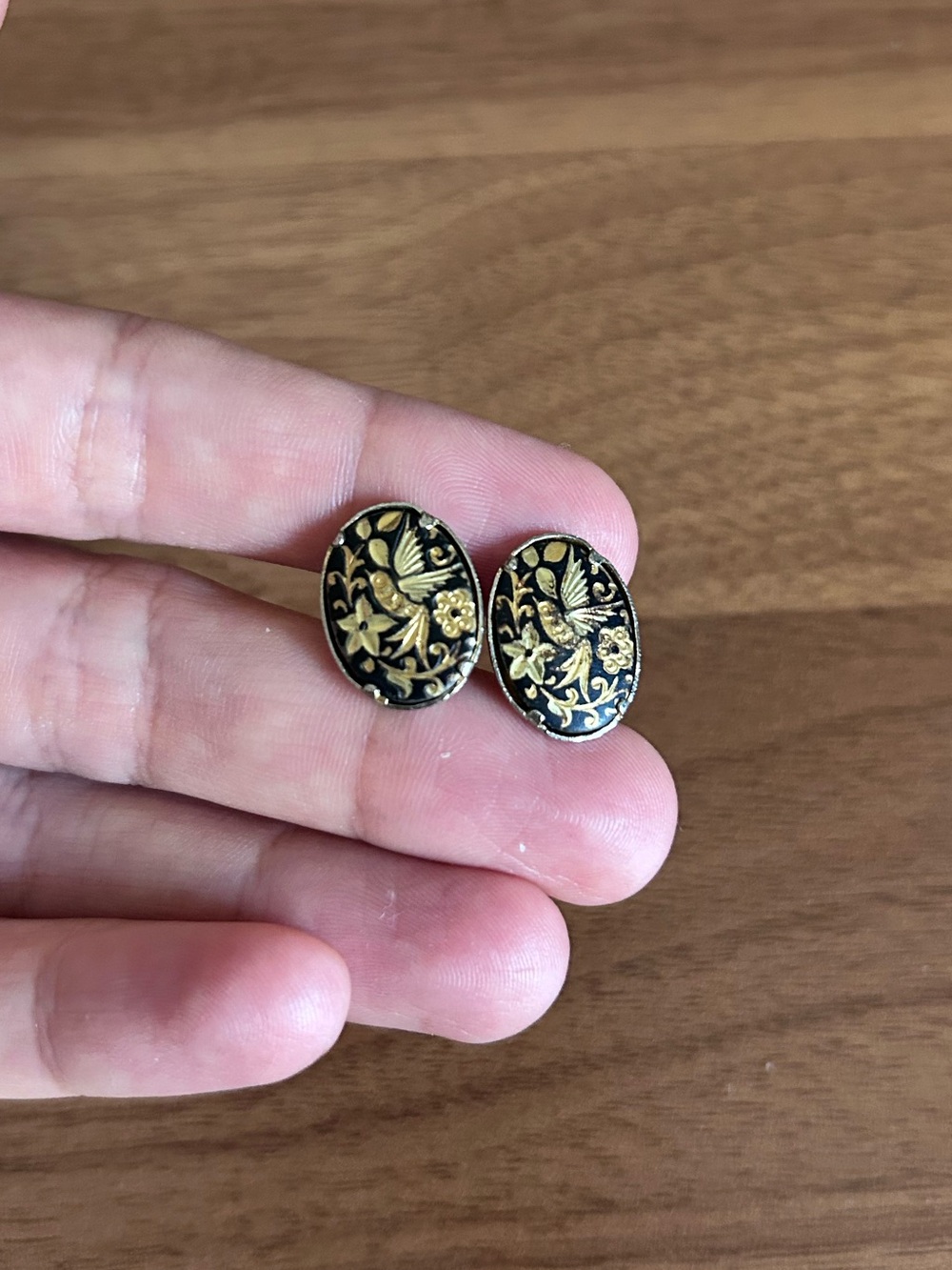 Gold and Black Floral Oval Stud Earrings - Damascene Spanish Jewelry